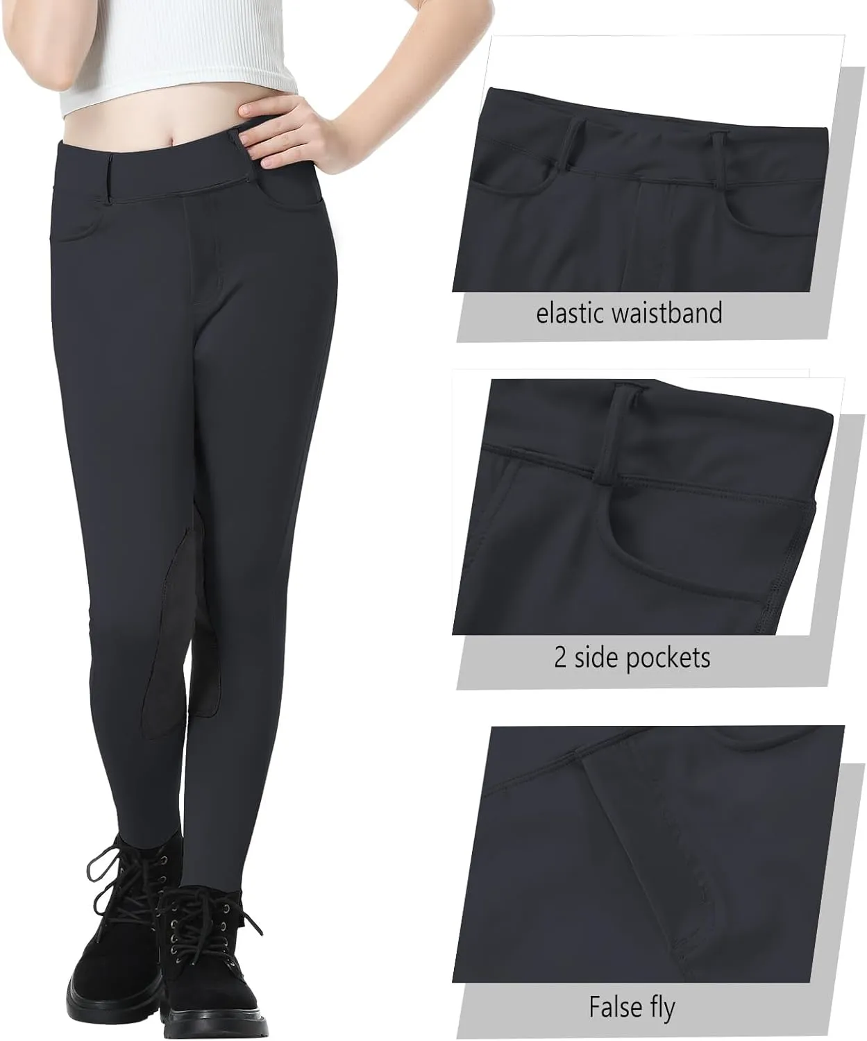Horse Riding Pants Equestrian Girls Full Seat Silicone Breeches Kids Pull-On Horseback Riding Tights Pockets