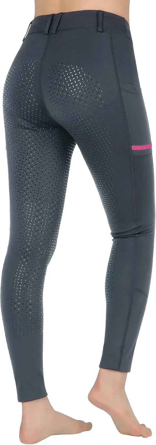 Horse Riding Pants Equestrian Girls Full Seat Silicone Breeches Kids Pull-On Horseback Riding Tights Pockets