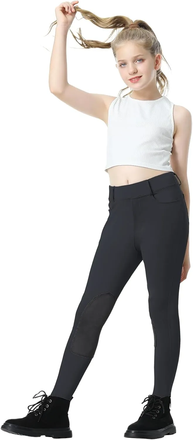 Horse Riding Pants Equestrian Girls Full Seat Silicone Breeches Kids Pull-On Horseback Riding Tights Pockets
