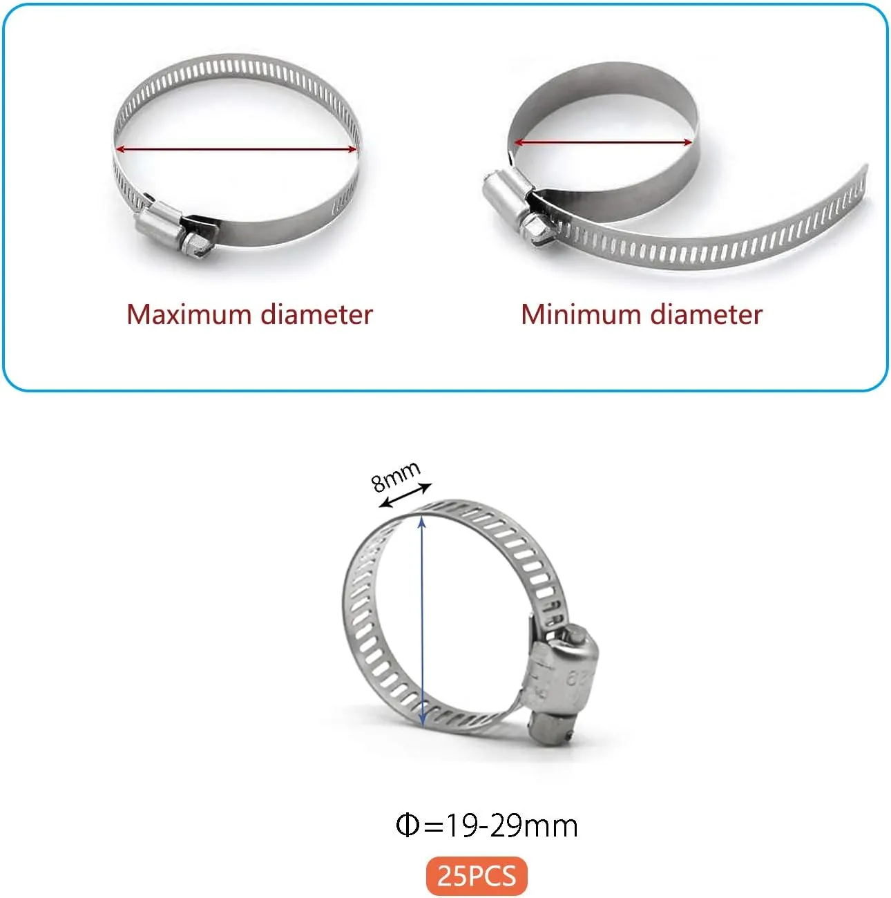 Hose Clamp, 1 Inch Stainless Steel Worm Gear fuel line hose clamps, 19-29mm (25pack)