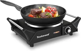 Hot Plate, Techwood Electric Stove for Cooking, 1500W Countertop Single Burner with Adjustable Temperature and Handles, 7.3 Cooktop for RV/Home/Camp, Compatible for All Cookwares Black