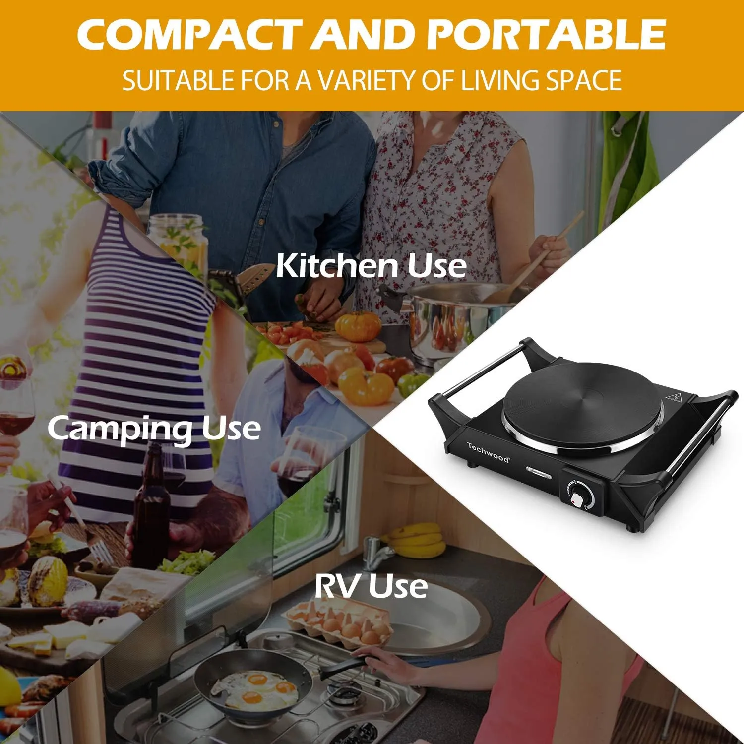 Hot Plate, Techwood Electric Stove for Cooking, 1500W Countertop Single Burner with Adjustable Temperature and Handles, 7.3 Cooktop for RV/Home/Camp, Compatible for All Cookwares Black