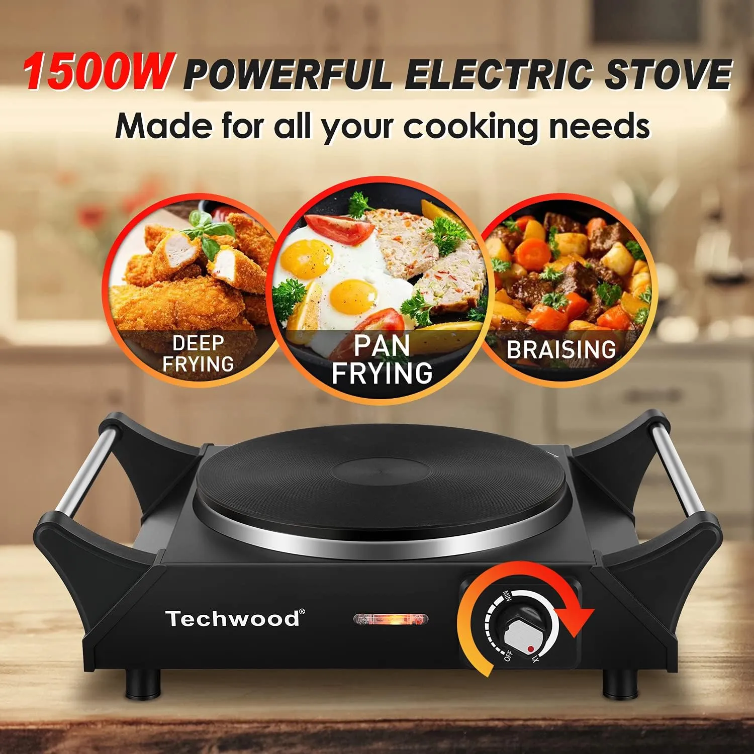 Hot Plate, Techwood Electric Stove for Cooking, 1500W Countertop Single Burner with Adjustable Temperature and Handles, 7.3 Cooktop for RV/Home/Camp, Compatible for All Cookwares Black
