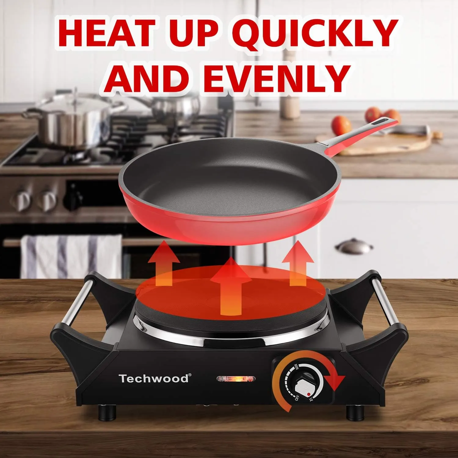 Hot Plate, Techwood Electric Stove for Cooking, 1500W Countertop Single Burner with Adjustable Temperature and Handles, 7.3 Cooktop for RV/Home/Camp, Compatible for All Cookwares Black