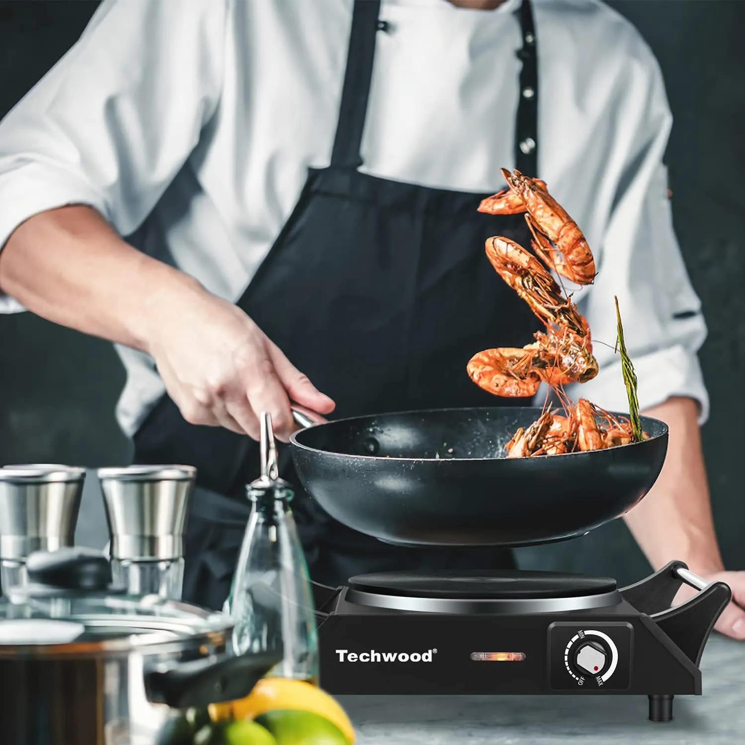 Hot Plate, Techwood Electric Stove for Cooking, 1500W Countertop Single Burner with Adjustable Temperature and Handles, 7.3 Cooktop for RV/Home/Camp, Compatible for All Cookwares Black