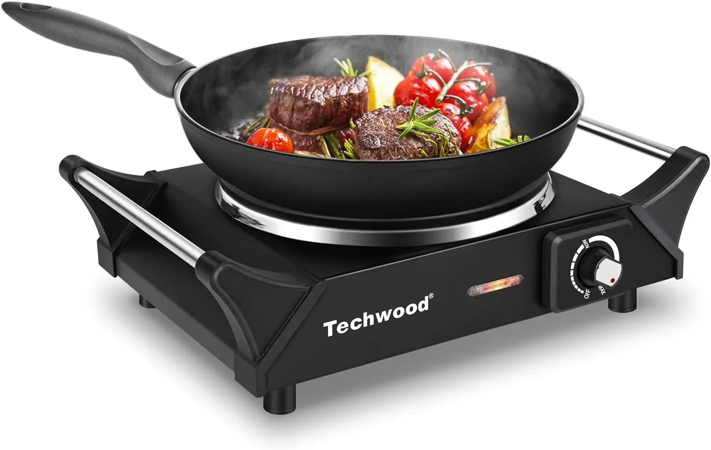 Hot Plate, Techwood Electric Stove for Cooking, 1500W Countertop Single Burner with Adjustable Temperature and Handles, 7.3 Cooktop for RV/Home/Camp, Compatible for All Cookwares Black