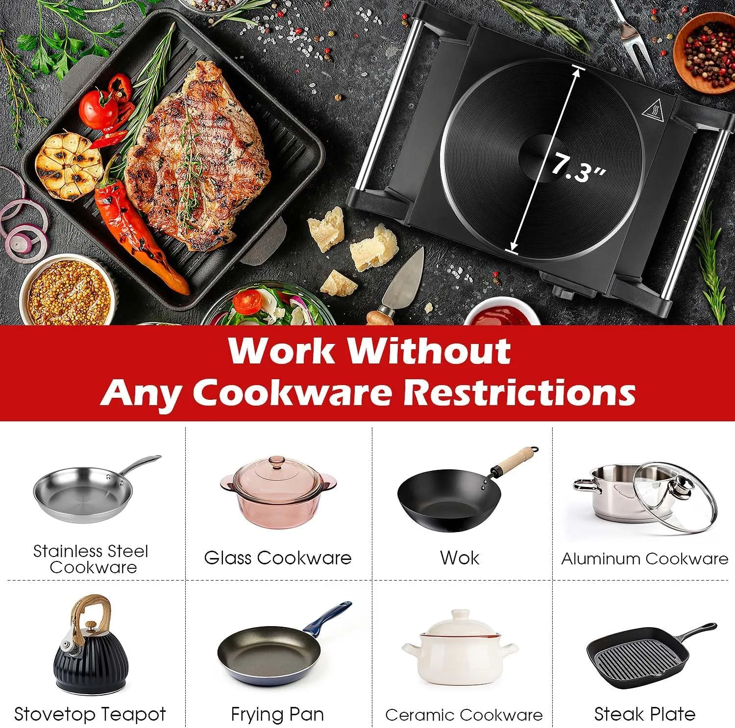 Hot Plate, Techwood Electric Stove for Cooking, 1500W Countertop Single Burner with Adjustable Temperature and Handles, 7.3 Cooktop for RV/Home/Camp, Compatible for All Cookwares Black