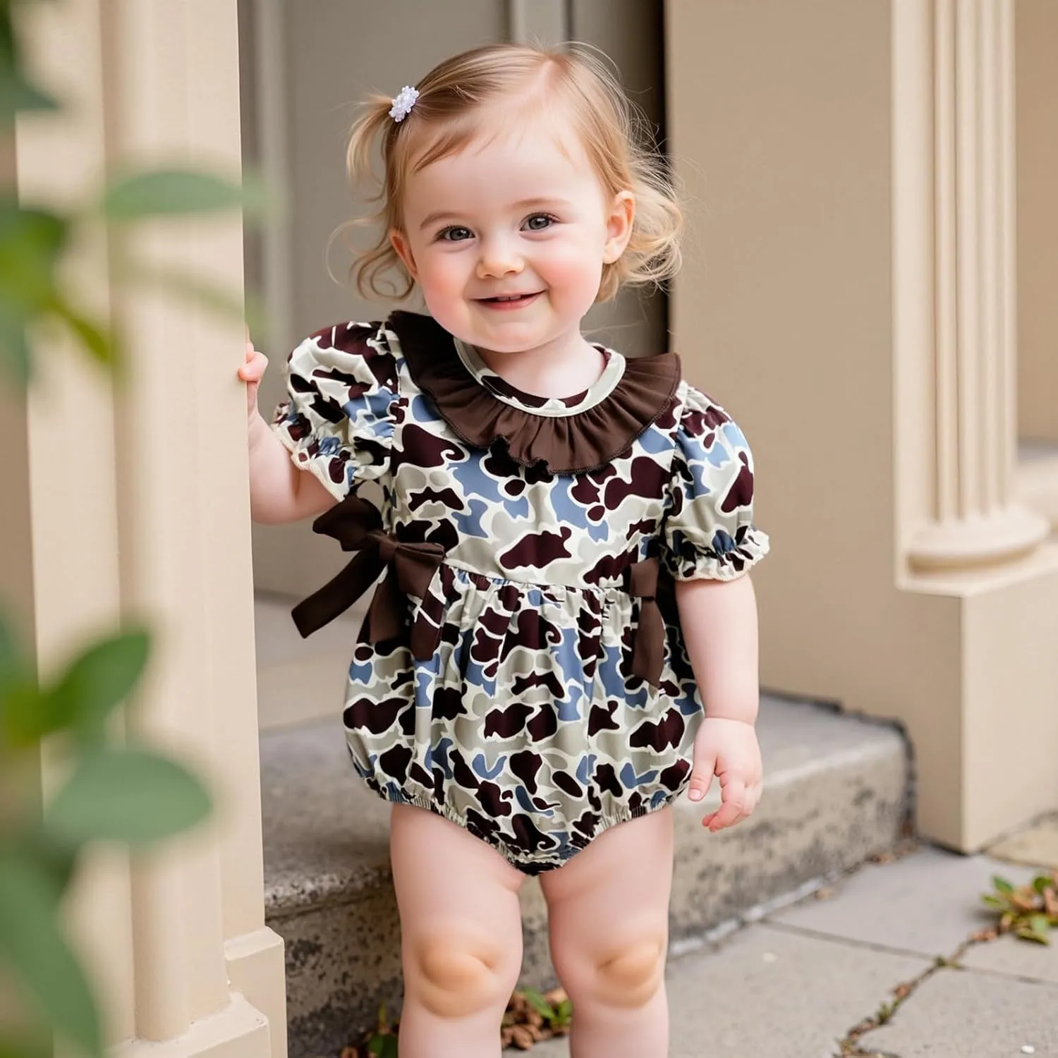 Hunting Baby Girl Outfit Camouflage Bubble Romper Short Sleeve Ruffle Smocked Bodysuit Newborn Summer Clothes