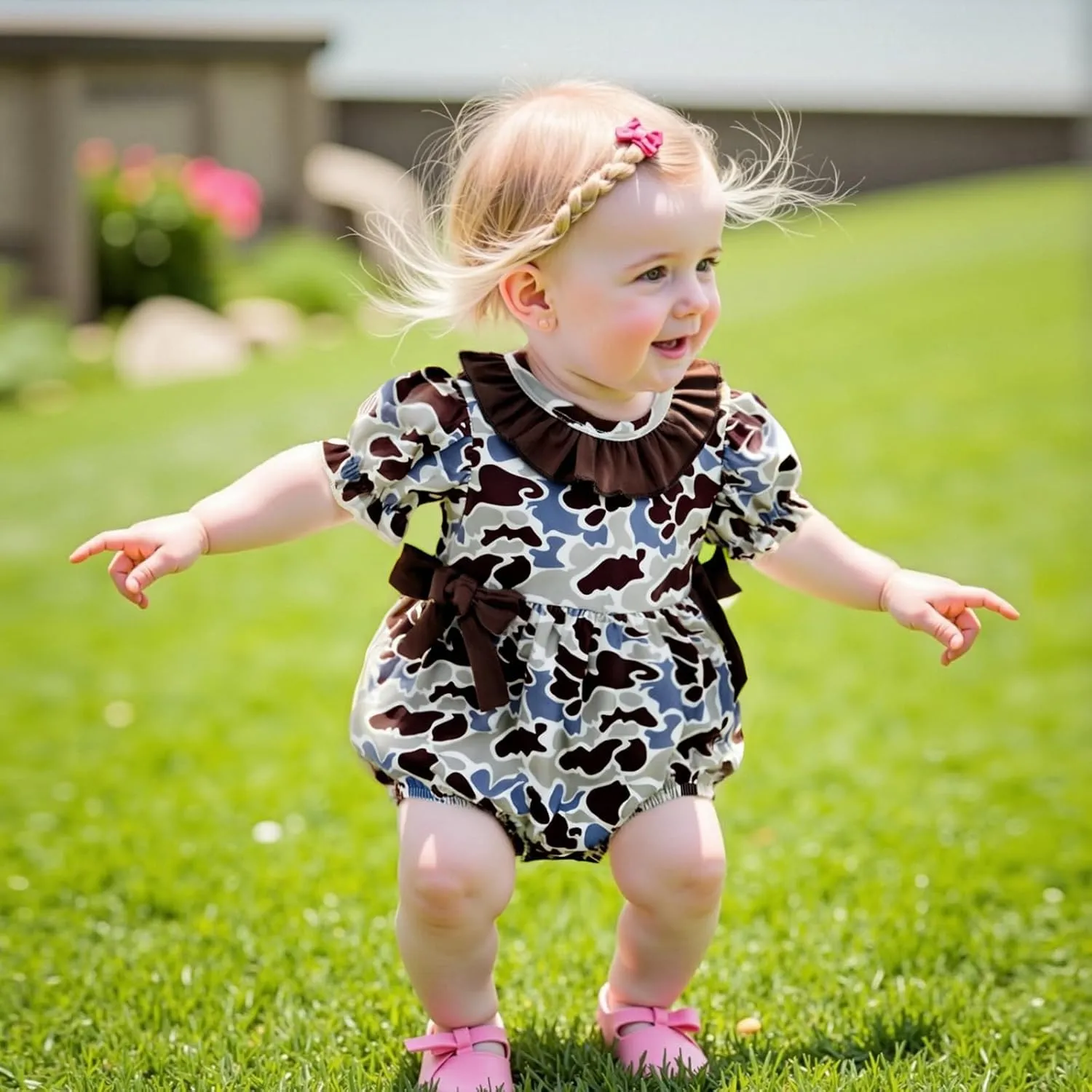 Hunting Baby Girl Outfit Camouflage Bubble Romper Short Sleeve Ruffle Smocked Bodysuit Newborn Summer Clothes