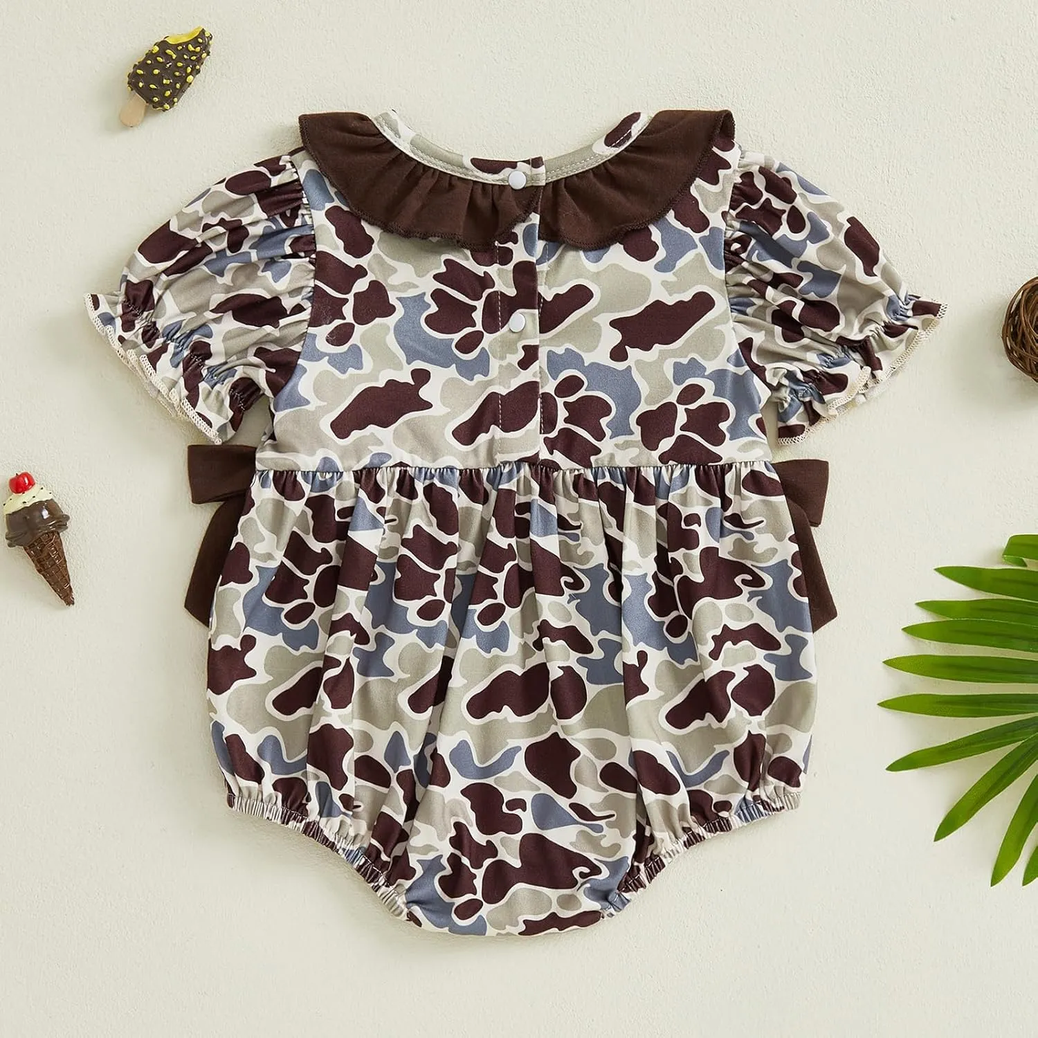 Hunting Baby Girl Outfit Camouflage Bubble Romper Short Sleeve Ruffle Smocked Bodysuit Newborn Summer Clothes