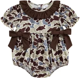 Hunting Baby Girl Outfit Camouflage Bubble Romper Short Sleeve Ruffle Smocked Bodysuit Newborn Summer Clothes