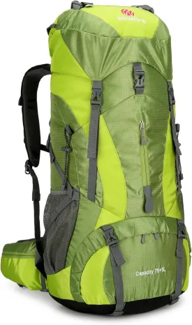 King'sGuard Hiking Backpack for Men and Women 70L 5L Waterproof Lightweight Camping Daypack with Rain Cover for Outdoor Travel Mountaineering - Frameless (Green)