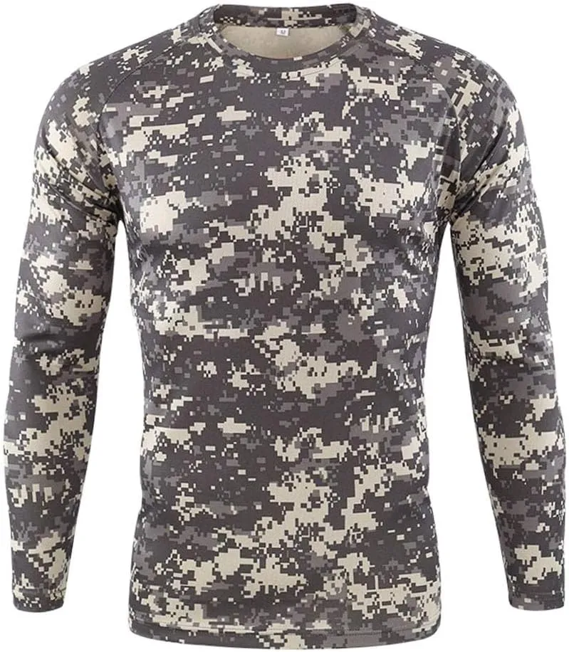 Long Sleeve Camo T-Shirt for Men Military Camouflage Athletic Compression Shirt Workout Gym Sports Quick Dry Hiking Shirts