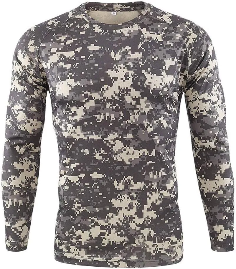 Long Sleeve Camo T-Shirt for Men Military Camouflage Athletic Compression Shirt Workout Gym Sports Quick Dry Hiking Shirts