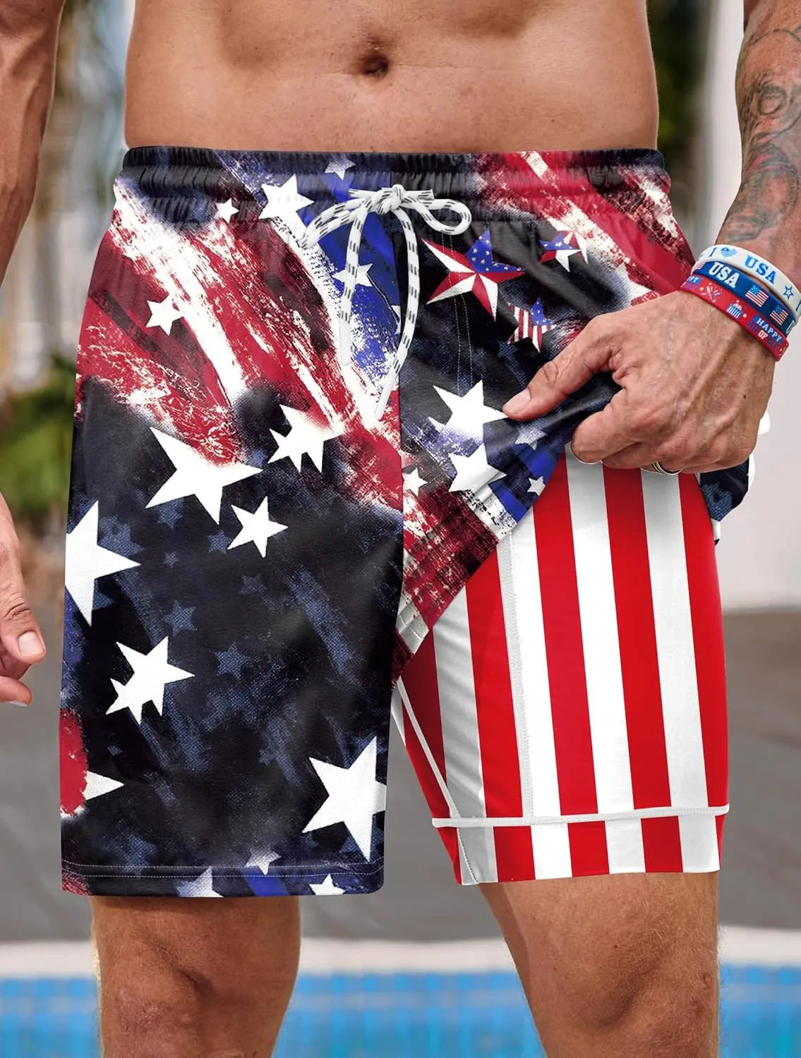 Mainfini Men's American Flag Swim Trunks 6" Inseam Board Short with Compression Liner (S-XXL)