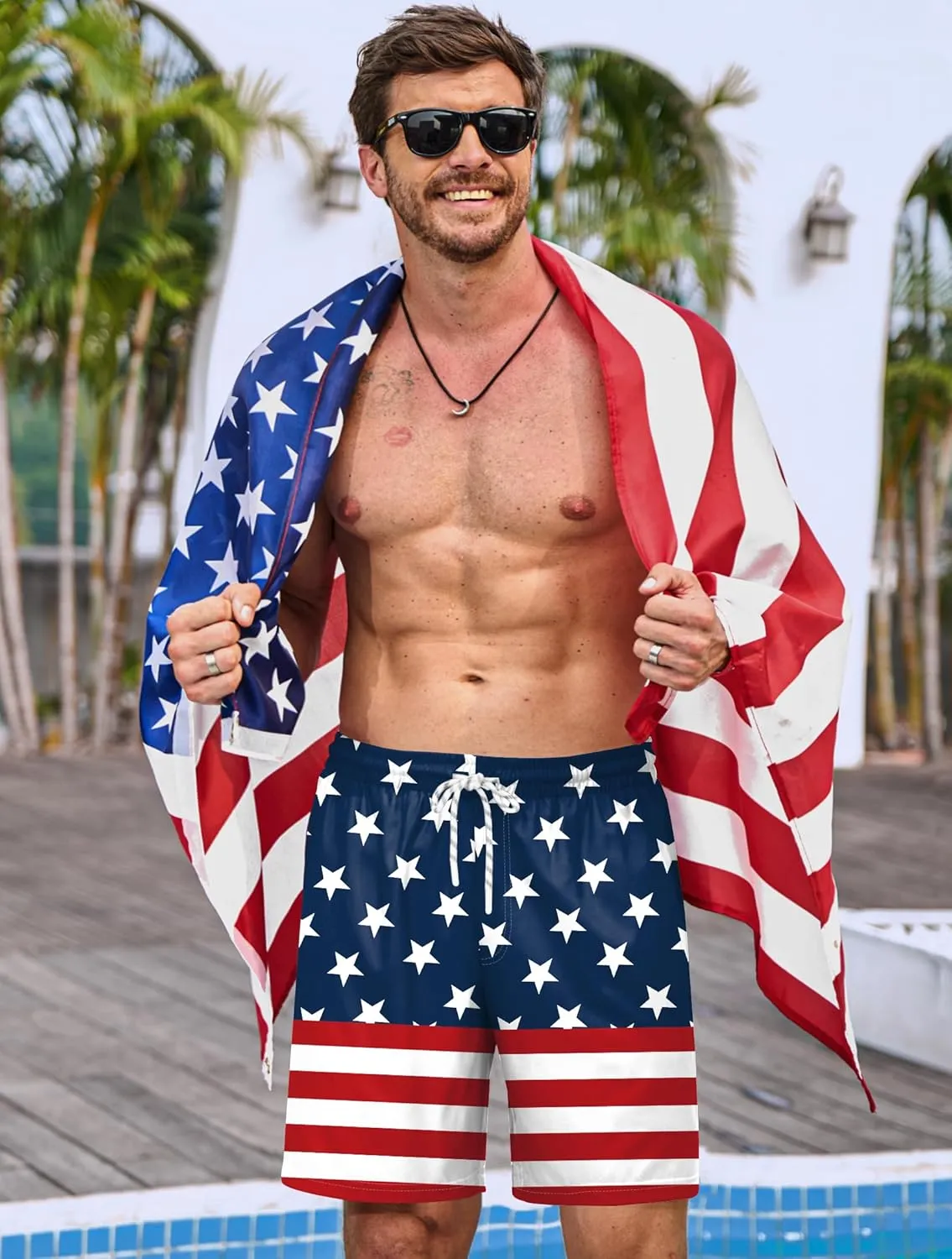 Mainfini Men's American Flag Swim Trunks 6" Inseam Board Short with Compression Liner (S-XXL)