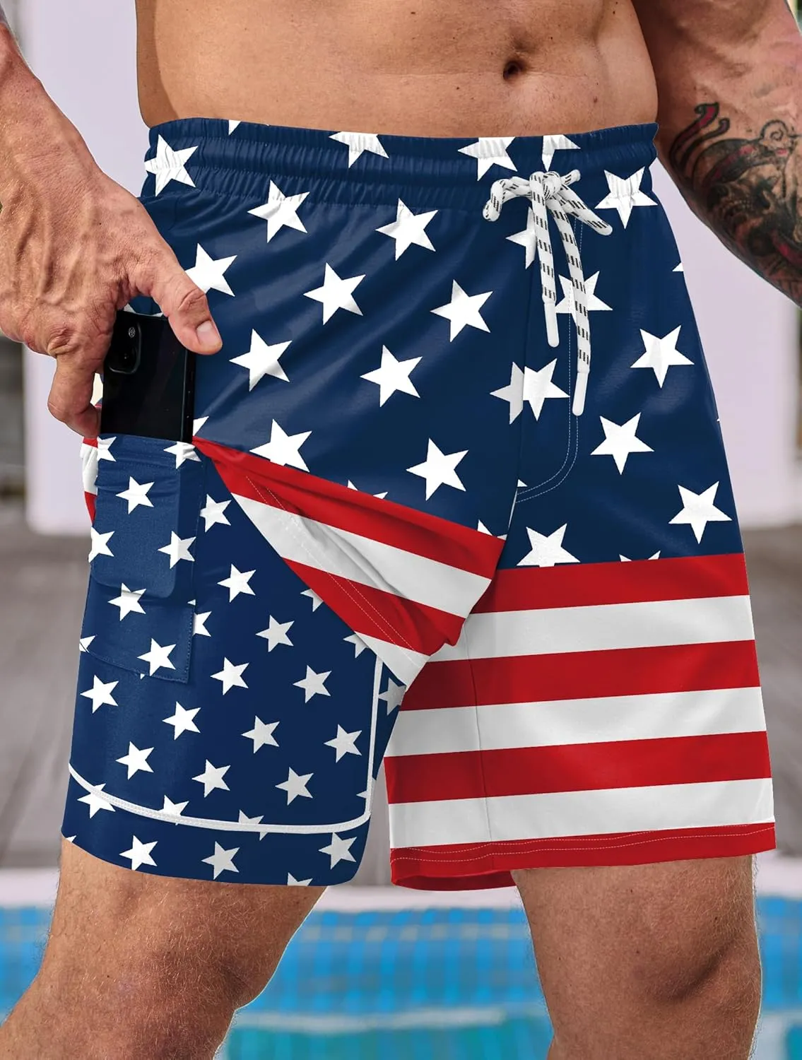Mainfini Men's American Flag Swim Trunks 6" Inseam Board Short with Compression Liner (S-XXL)