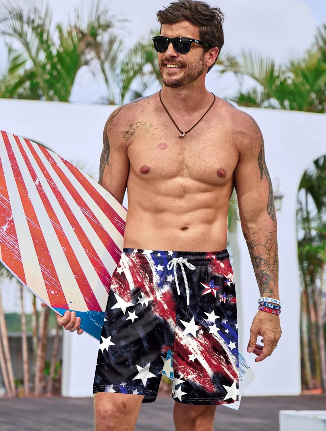 Mainfini Men's American Flag Swim Trunks 6" Inseam Board Short with Compression Liner (S-XXL)