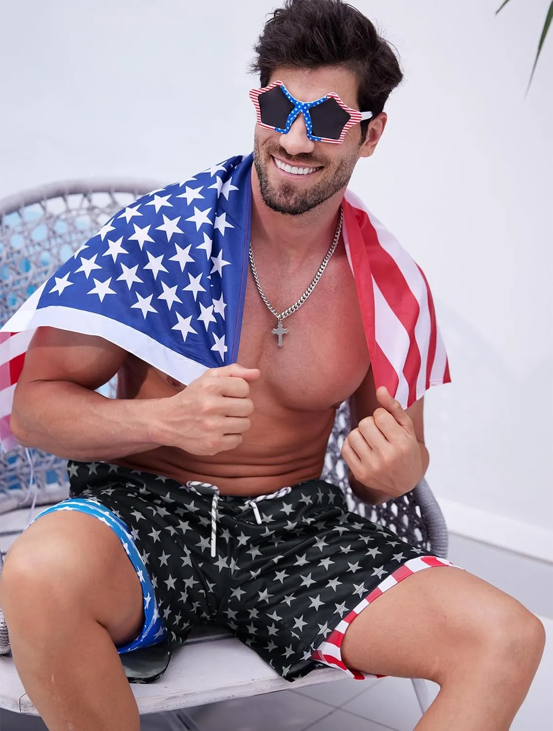 Mainfini Men's American Flag Swim Trunks 6" Inseam Board Short with Compression Liner (S-XXL)