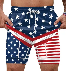 Mainfini Men's American Flag Swim Trunks 6" Inseam Board Short with Compression Liner (S-XXL)