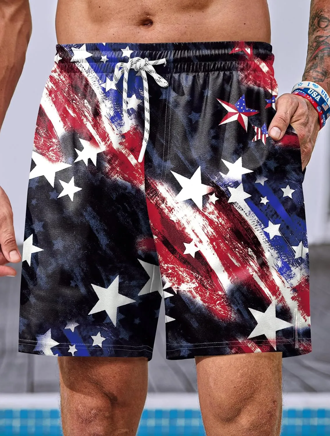 Mainfini Men's American Flag Swim Trunks 6" Inseam Board Short with Compression Liner (S-XXL)