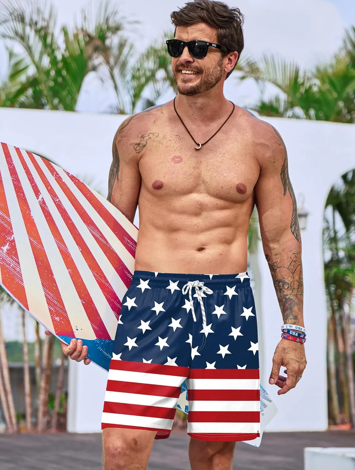 Mainfini Men's American Flag Swim Trunks 6" Inseam Board Short with Compression Liner (S-XXL)