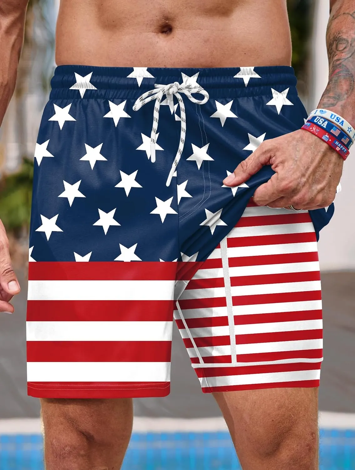 Mainfini Men's American Flag Swim Trunks 6" Inseam Board Short with Compression Liner (S-XXL)