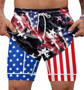 Mainfini Men's American Flag Swim Trunks 6" Inseam Board Short with Compression Liner (S-XXL)