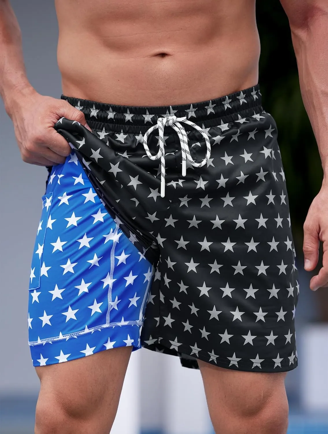 Mainfini Men's American Flag Swim Trunks 6" Inseam Board Short with Compression Liner (S-XXL)