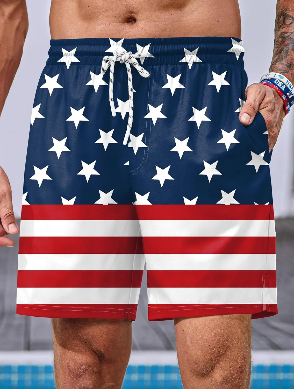 Mainfini Men's American Flag Swim Trunks 6" Inseam Board Short with Compression Liner (S-XXL)