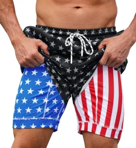 Mainfini Men's American Flag Swim Trunks 6" Inseam Board Short with Compression Liner (S-XXL)