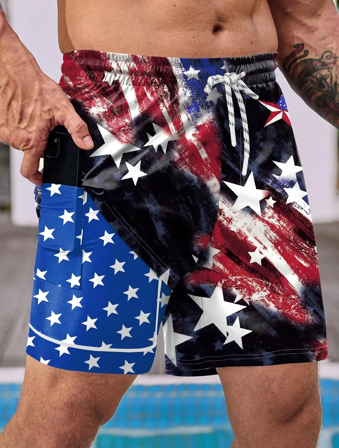 Mainfini Men's American Flag Swim Trunks 6" Inseam Board Short with Compression Liner (S-XXL)