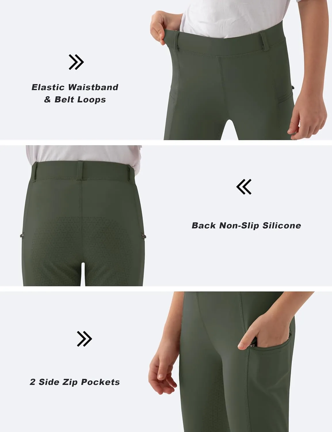 MoFiz Girls Horse Riding Pants Summer Full Seat Silicone Kids Equestrian Breeches Youth Schooling Tights Zipper Pockets