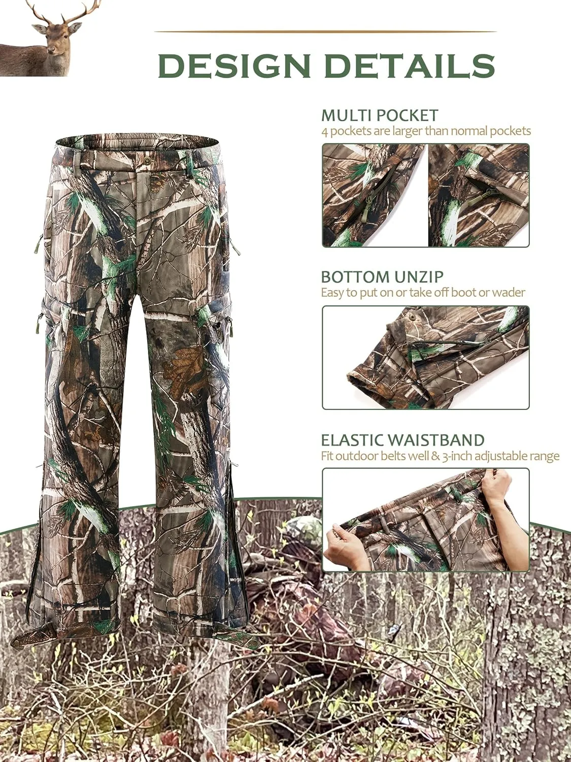 NEW VIEW Camo Hunting Pants for Men Cold Weather, Insulated Hunting Pants with Warm Fleece Lining for Winter Deer Duck Hunts