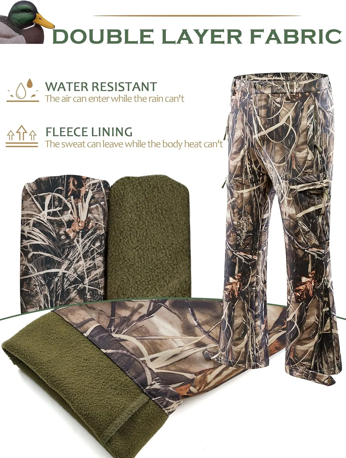 NEW VIEW Camo Hunting Pants for Men Cold Weather, Insulated Hunting Pants with Warm Fleece Lining for Winter Deer Duck Hunts
