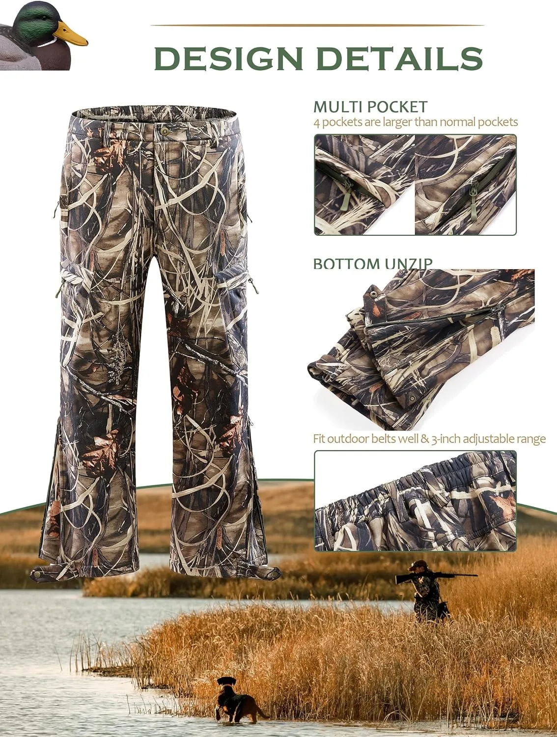 NEW VIEW Camo Hunting Pants for Men Cold Weather, Insulated Hunting Pants with Warm Fleece Lining for Winter Deer Duck Hunts