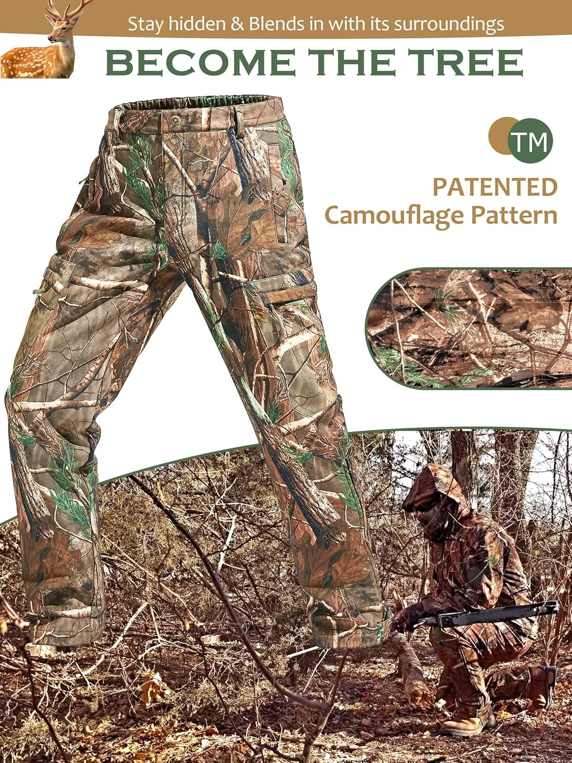 NEW VIEW Camo Hunting Pants for Men Cold Weather, Insulated Hunting Pants with Warm Fleece Lining for Winter Deer Duck Hunts