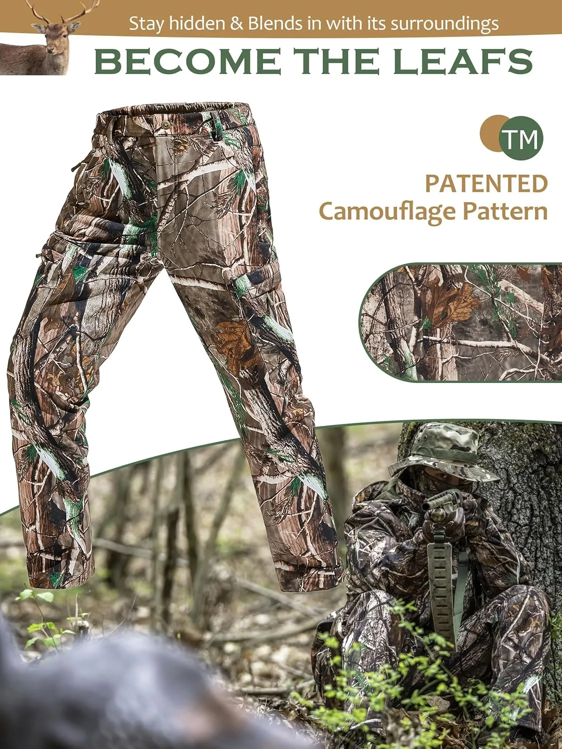 NEW VIEW Camo Hunting Pants for Men Cold Weather, Insulated Hunting Pants with Warm Fleece Lining for Winter Deer Duck Hunts