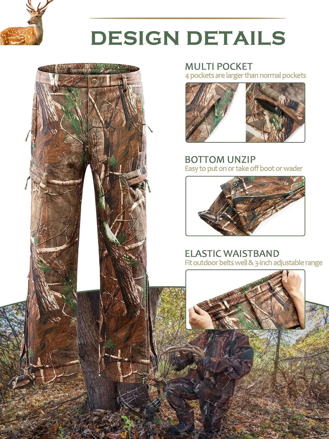 NEW VIEW Camo Hunting Pants for Men Cold Weather, Insulated Hunting Pants with Warm Fleece Lining for Winter Deer Duck Hunts