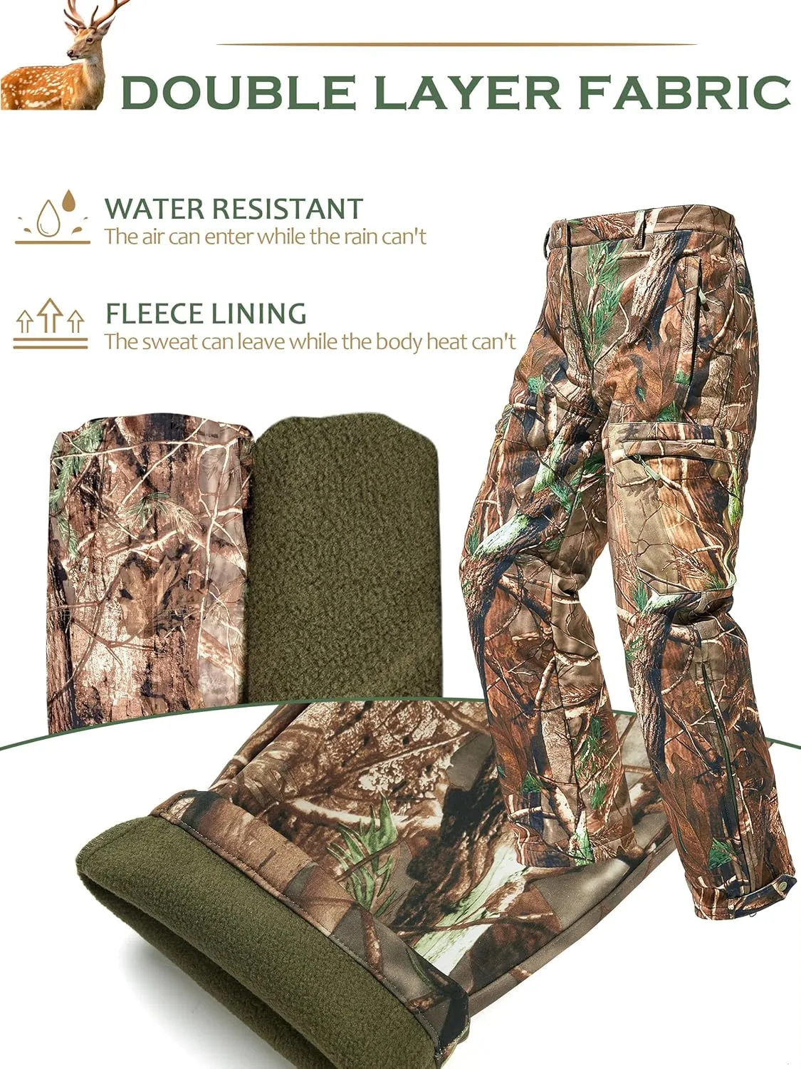 NEW VIEW Camo Hunting Pants for Men Cold Weather, Insulated Hunting Pants with Warm Fleece Lining for Winter Deer Duck Hunts