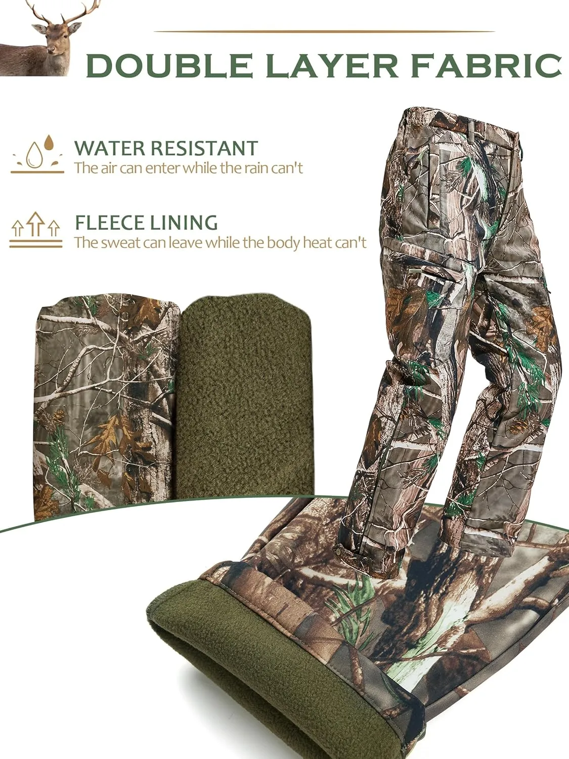 NEW VIEW Camo Hunting Pants for Men Cold Weather, Insulated Hunting Pants with Warm Fleece Lining for Winter Deer Duck Hunts