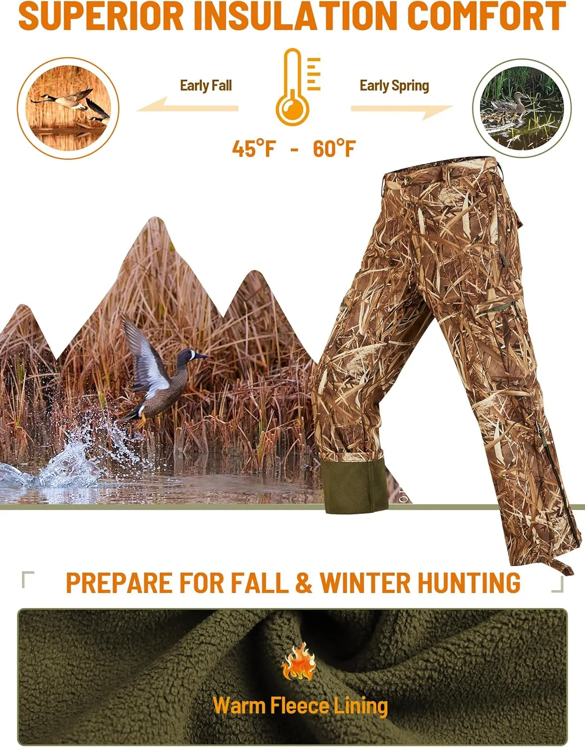 NEW VIEW Camo Hunting Pants for Men Cold Weather, Insulated Hunting Pants with Warm Fleece Lining for Winter Deer Duck Hunts
