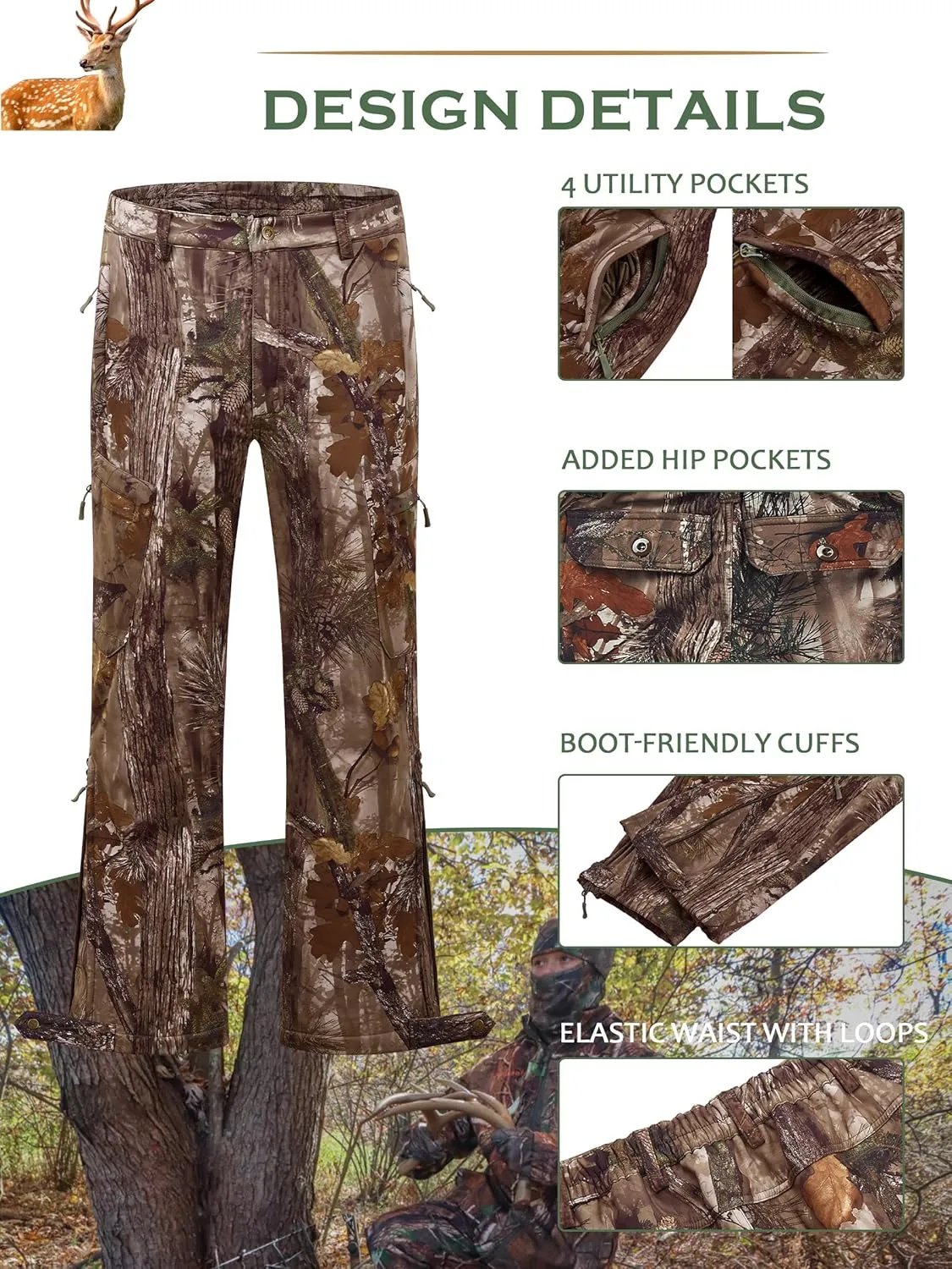NEW VIEW Camo Hunting Pants for Men Cold Weather, Insulated Hunting Pants with Warm Fleece Lining for Winter Deer Duck Hunts