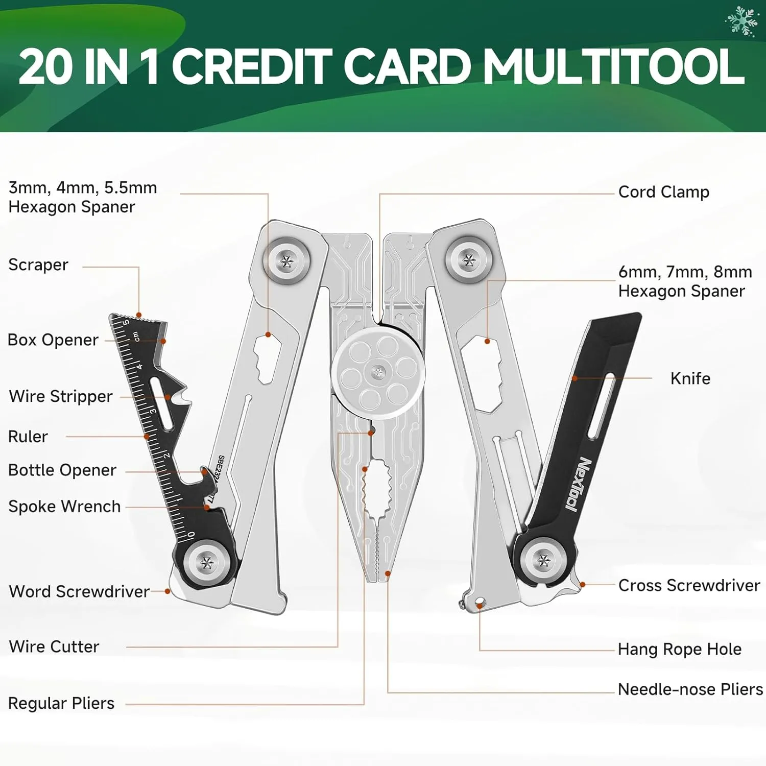 NexTool Folding Credit Card Multitool Wallet Multi Tool, 20 in 1 Stainless Steel Wallet Tool Card with Pliers, Knife, Bottle Opener,Hexagon Spanner, Compact, Lightweight EDC Tools,Gifts for Men Unique