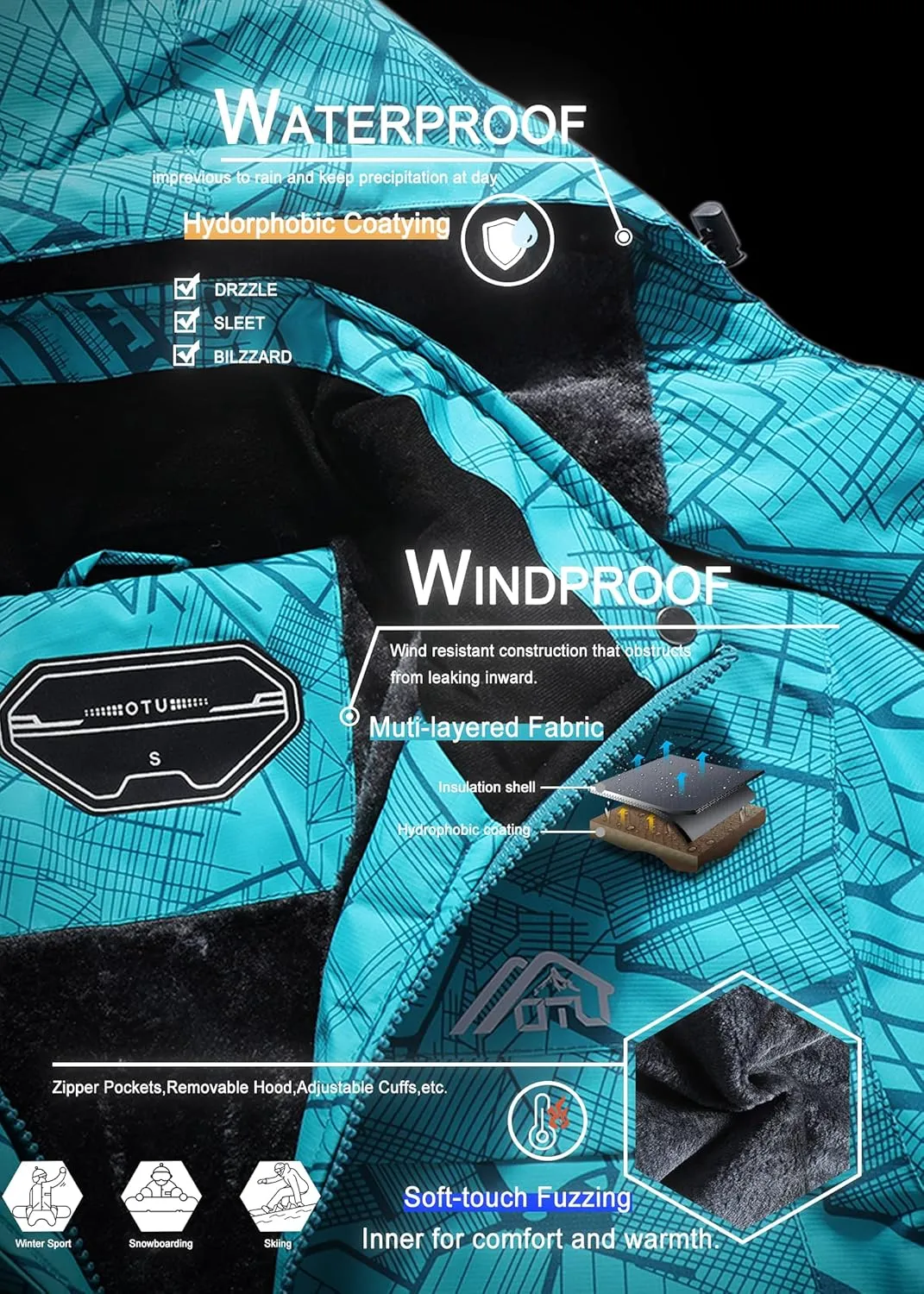 OTU Women's Waterproof Ski Jacket Snowboarding Windbreaker Warm Winter Hooded Mountain Snow Coat