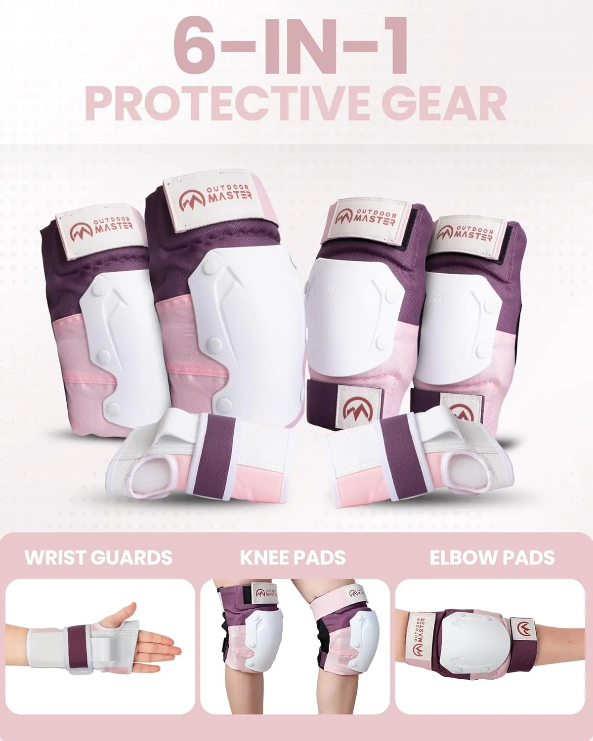 OutdoorMaster Adult Knee and Elbow Pads Set - Skate Protective Gear with Wrist Guards - Adult & Youth - Pink, L - [6pcs]