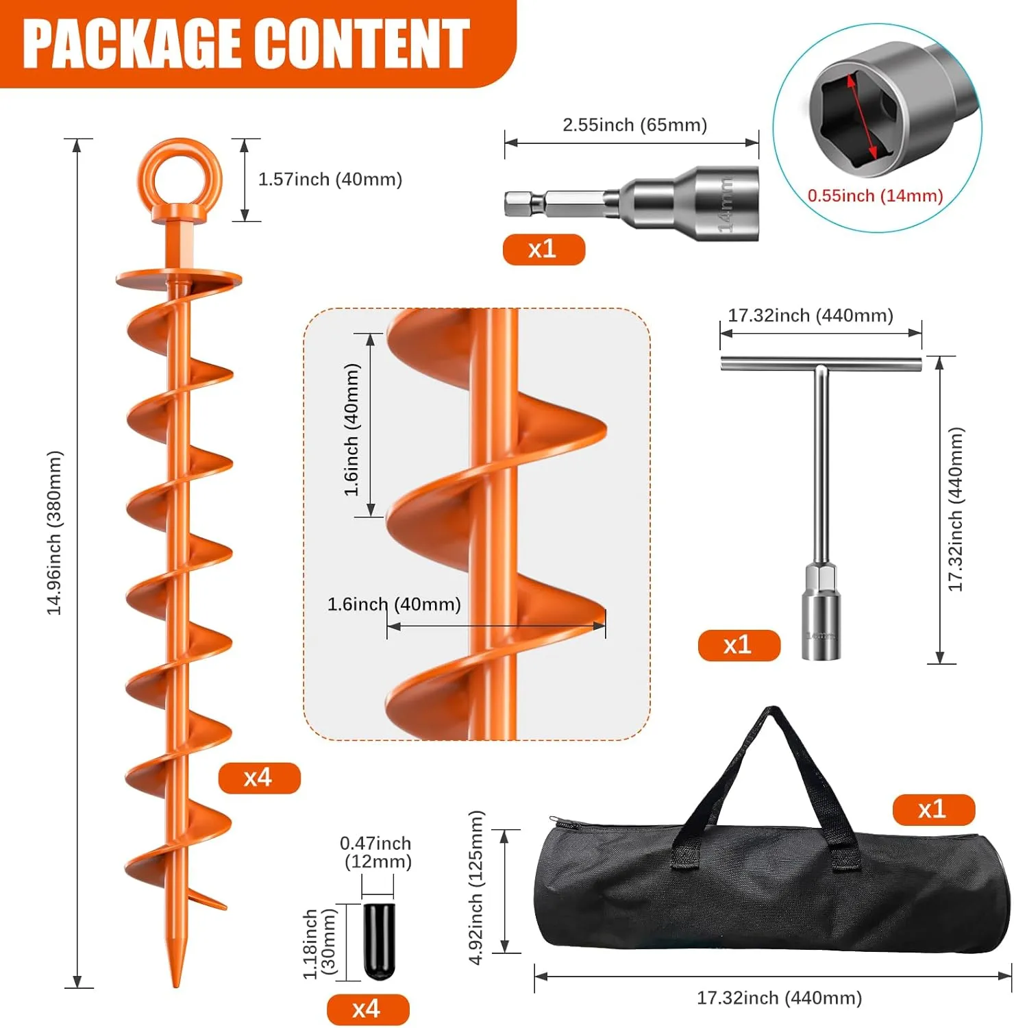 Phopich Ground Anchor Screw in, 4 Pack Spiral Trampoline Anchors with Nut and Tool Swing Set Anchors Tent Stakes High Wind Heavy Duty for Sheds, Carports, Mobile Home Orange