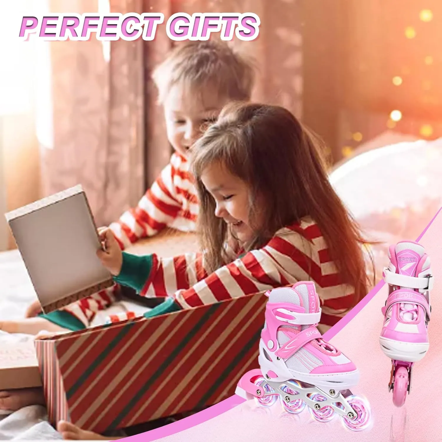 Pink Kids Inline Skates for Girls with Full Wheels Illuminating, Adjuatable Mens and Womens Roller Skates Blades for Beginner in Outdoor and Indoor