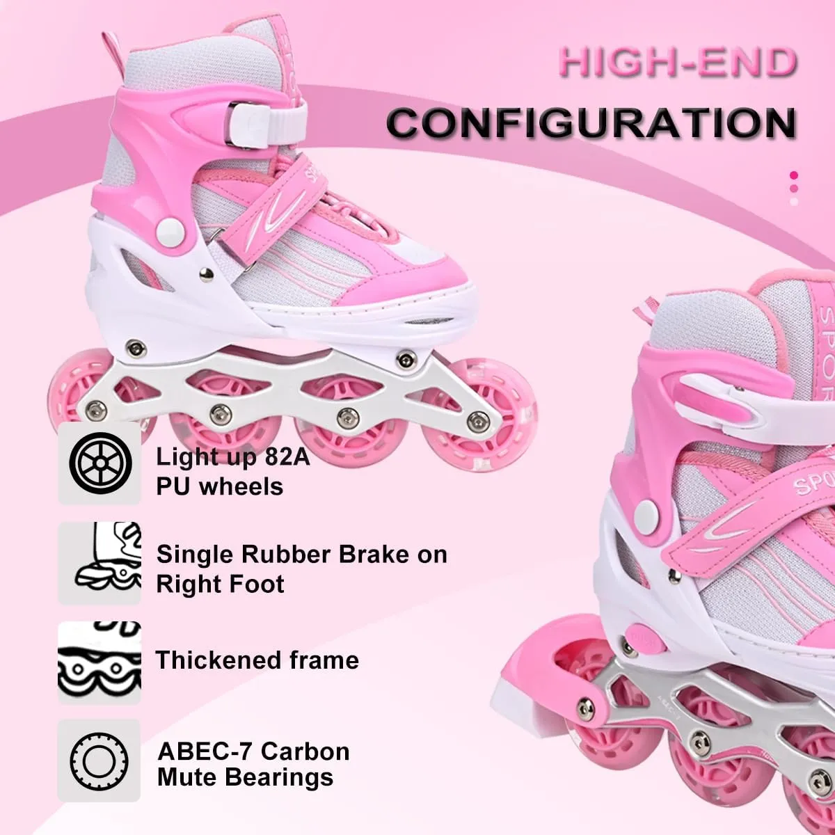 Pink Kids Inline Skates for Girls with Full Wheels Illuminating, Adjuatable Mens and Womens Roller Skates Blades for Beginner in Outdoor and Indoor