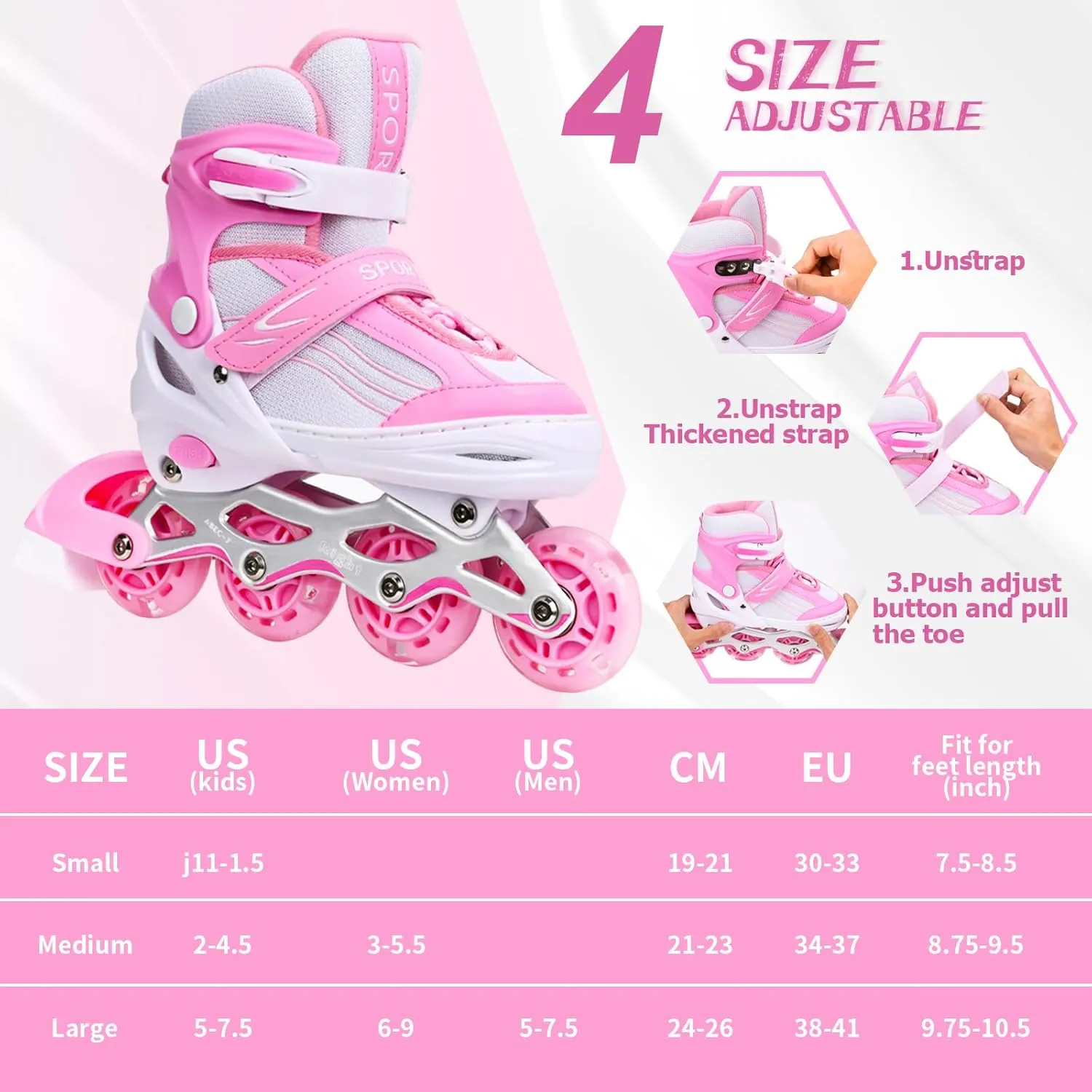 Pink Kids Inline Skates for Girls with Full Wheels Illuminating, Adjuatable Mens and Womens Roller Skates Blades for Beginner in Outdoor and Indoor